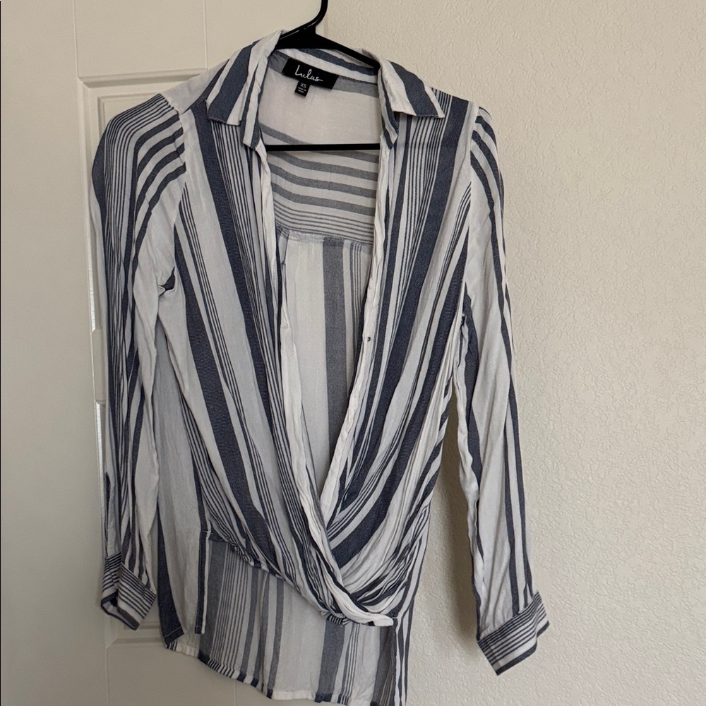 Lulus Striped Wrap Blouse in Navy and White